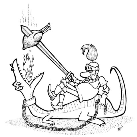 Knight Cooking Chicken On Dragon Coloring Page